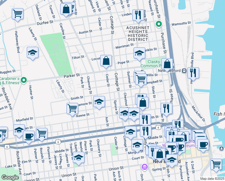 map of restaurants, bars, coffee shops, grocery stores, and more near 117 Smith Street in New Bedford