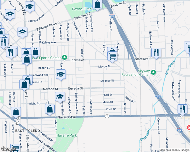 map of restaurants, bars, coffee shops, grocery stores, and more near 1938 Greenwood Avenue in Toledo