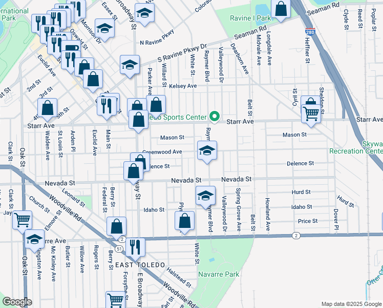 map of restaurants, bars, coffee shops, grocery stores, and more near 507 White Street in Toledo
