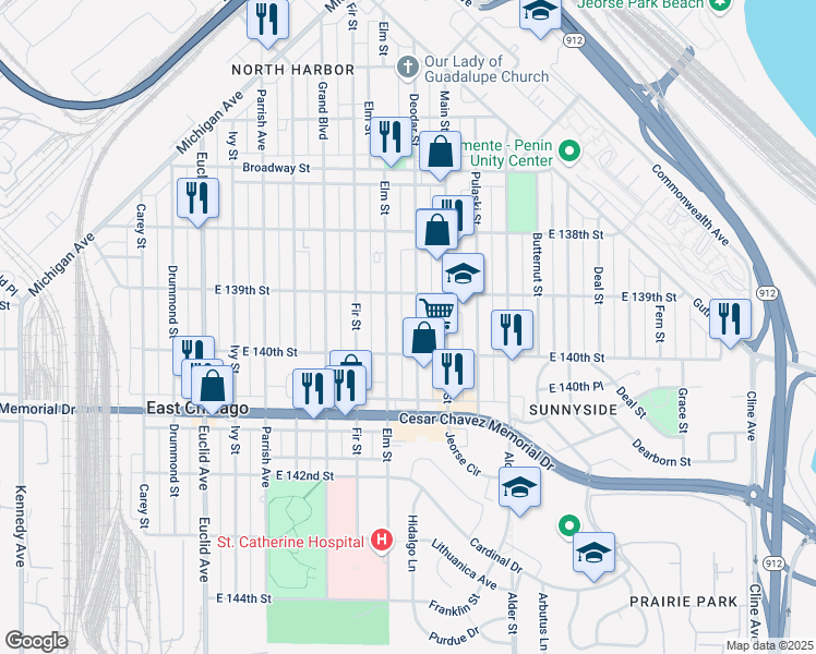 map of restaurants, bars, coffee shops, grocery stores, and more near 3921 Elm Street in East Chicago