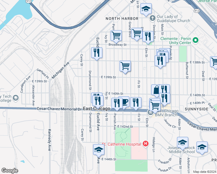 map of restaurants, bars, coffee shops, grocery stores, and more near 3927 Ivy St in East Chicago