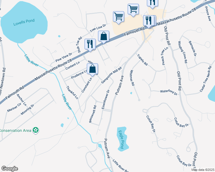 map of restaurants, bars, coffee shops, grocery stores, and more near 53 Eisenhower Drive in Barnstable