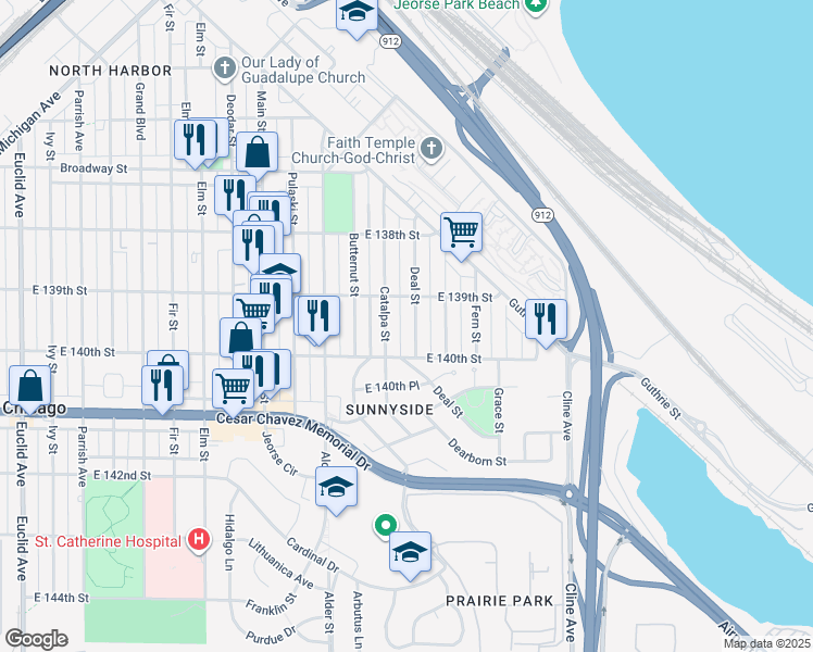 map of restaurants, bars, coffee shops, grocery stores, and more near 3920 Deal Street in East Chicago