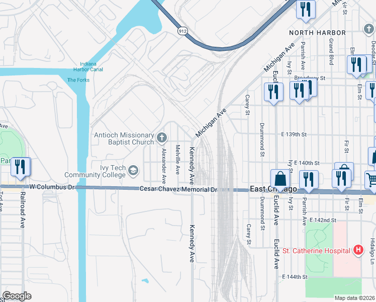 map of restaurants, bars, coffee shops, grocery stores, and more near 3920 Kennedy Avenue in East Chicago
