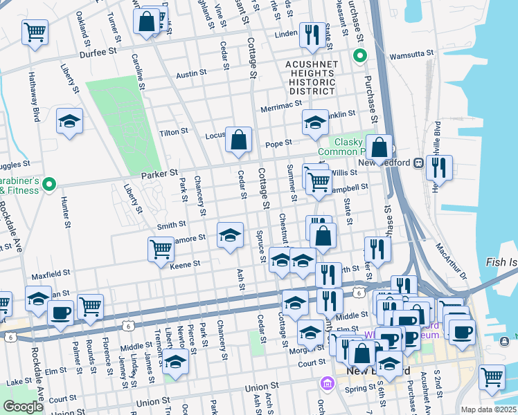map of restaurants, bars, coffee shops, grocery stores, and more near 117 Smith Street in New Bedford