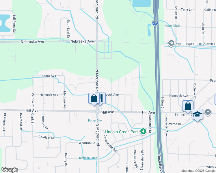 map of restaurants, bars, coffee shops, grocery stores, and more near 201 N Dorcas Rd in Toledo