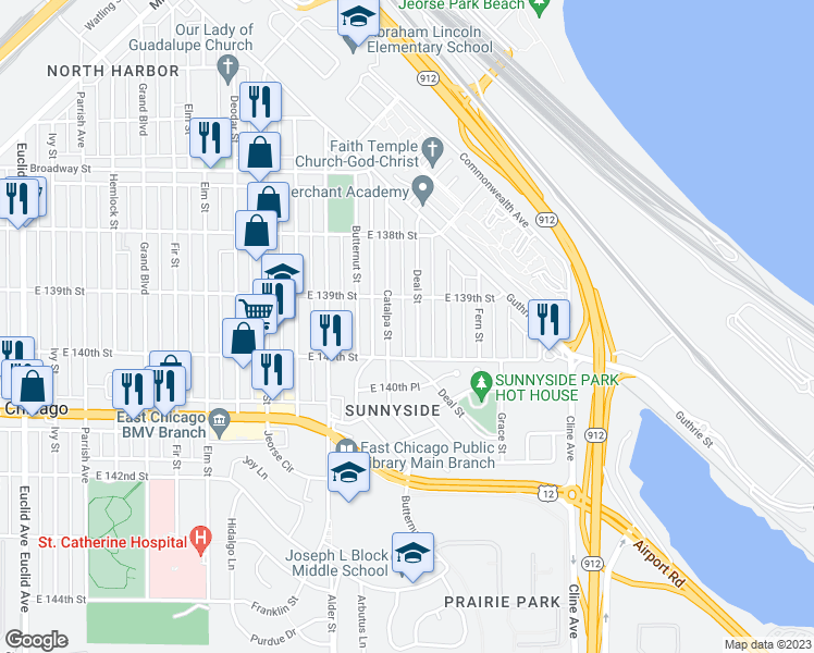 map of restaurants, bars, coffee shops, grocery stores, and more near 3920 Deal Street in East Chicago