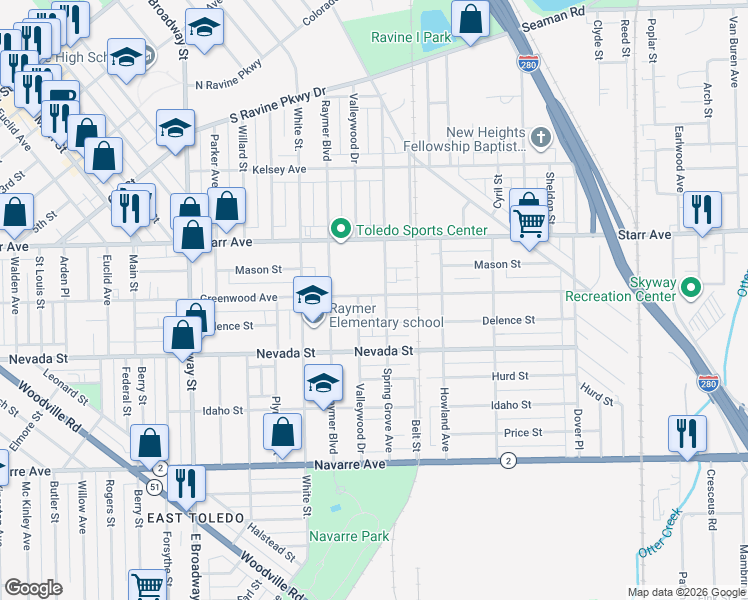 map of restaurants, bars, coffee shops, grocery stores, and more near 1616 Greenwood Avenue in Toledo