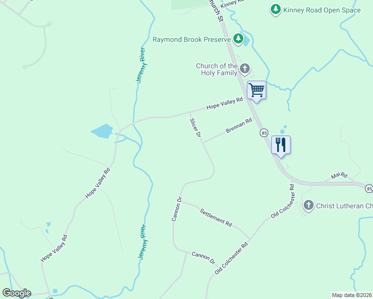 map of restaurants, bars, coffee shops, grocery stores, and more near 199 Cannon Drive in Hebron