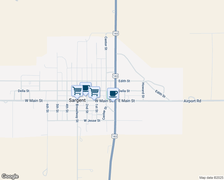 map of restaurants, bars, coffee shops, grocery stores, and more near 101 Della Street in Sargent