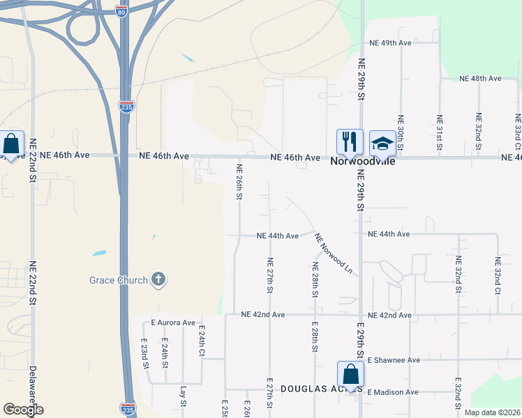 map of restaurants, bars, coffee shops, grocery stores, and more near 4452 Northeast 27th Street in Des Moines