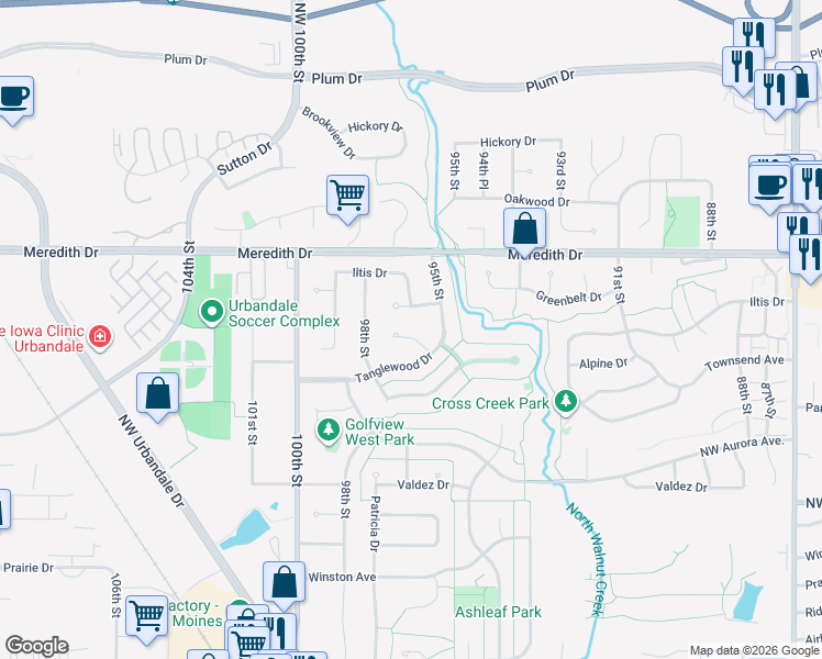 map of restaurants, bars, coffee shops, grocery stores, and more near 4421 96th Court in Urbandale