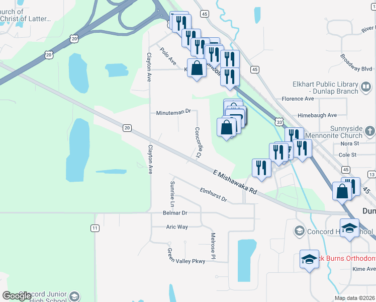 map of restaurants, bars, coffee shops, grocery stores, and more near 24363-24609 County Road 20 in Elkhart