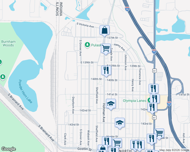 map of restaurants, bars, coffee shops, grocery stores, and more near 3957 140th Street in Hammond