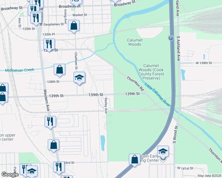 map of restaurants, bars, coffee shops, grocery stores, and more near 13835 Seeley Avenue in Blue Island