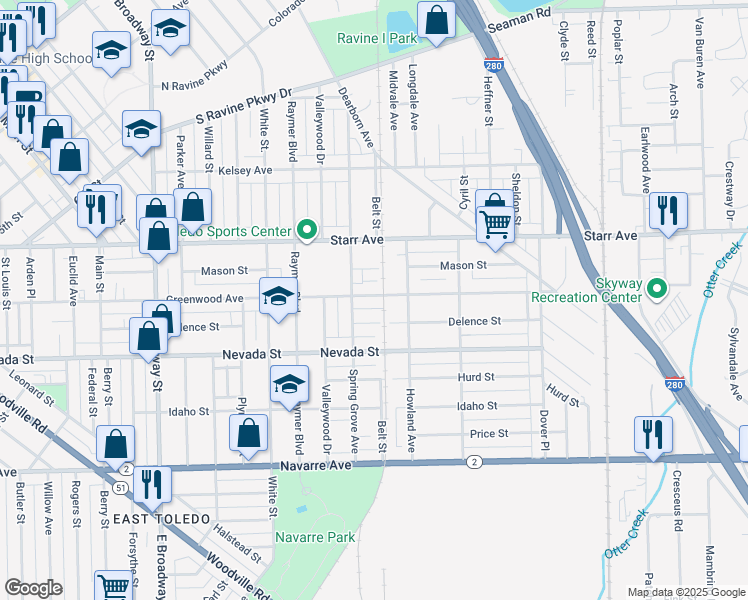 map of restaurants, bars, coffee shops, grocery stores, and more near 1722 Greenwood Avenue in Toledo