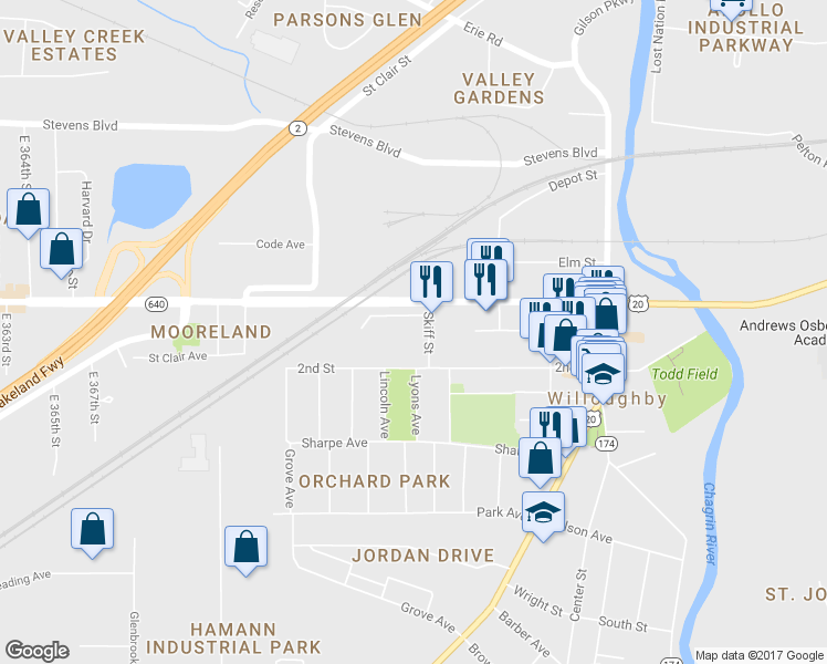 map of restaurants, bars, coffee shops, grocery stores, and more near 37600 North Industrial Parkway in Willoughby
