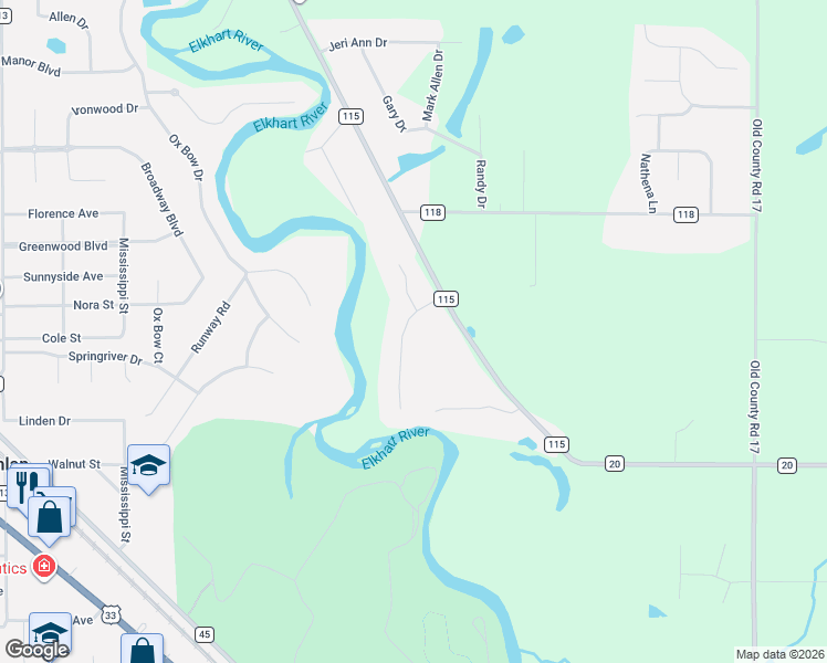 map of restaurants, bars, coffee shops, grocery stores, and more near 58732 River Forest Dr in Goshen