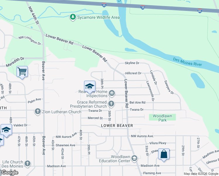 map of restaurants, bars, coffee shops, grocery stores, and more near 3798 Crestmoor Place in Des Moines