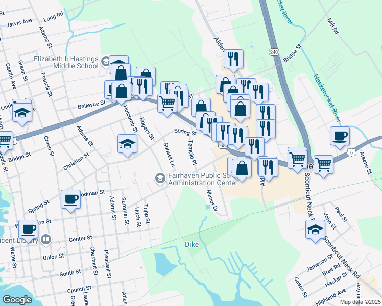 map of restaurants, bars, coffee shops, grocery stores, and more near 16 Temple Pl in Fairhaven