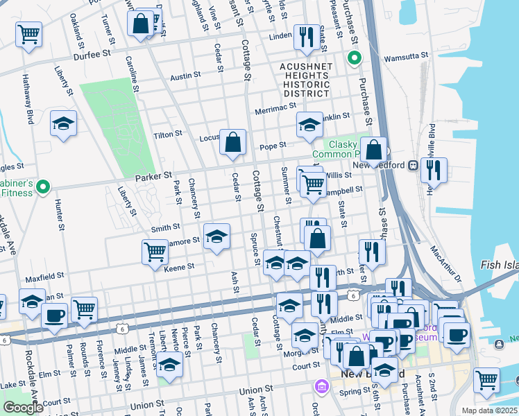 map of restaurants, bars, coffee shops, grocery stores, and more near 117 Smith Street in New Bedford
