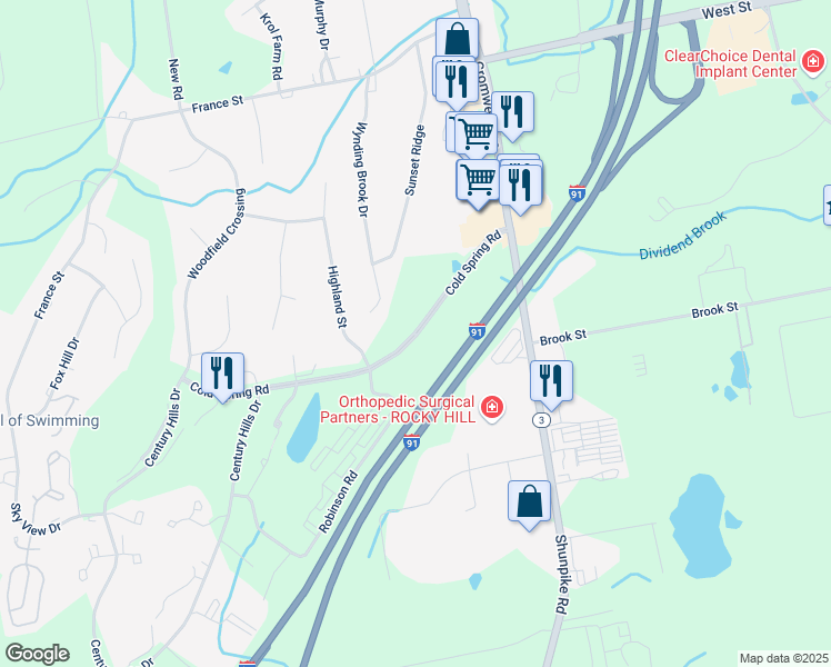 map of restaurants, bars, coffee shops, grocery stores, and more near 50 Cold Spring Road in Rocky Hill