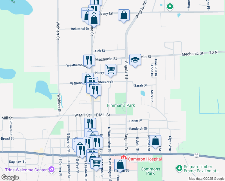 map of restaurants, bars, coffee shops, grocery stores, and more near 613 Williams Street in Angola