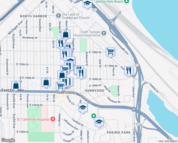 map of restaurants, bars, coffee shops, grocery stores, and more near 3923 Butternut Street in East Chicago