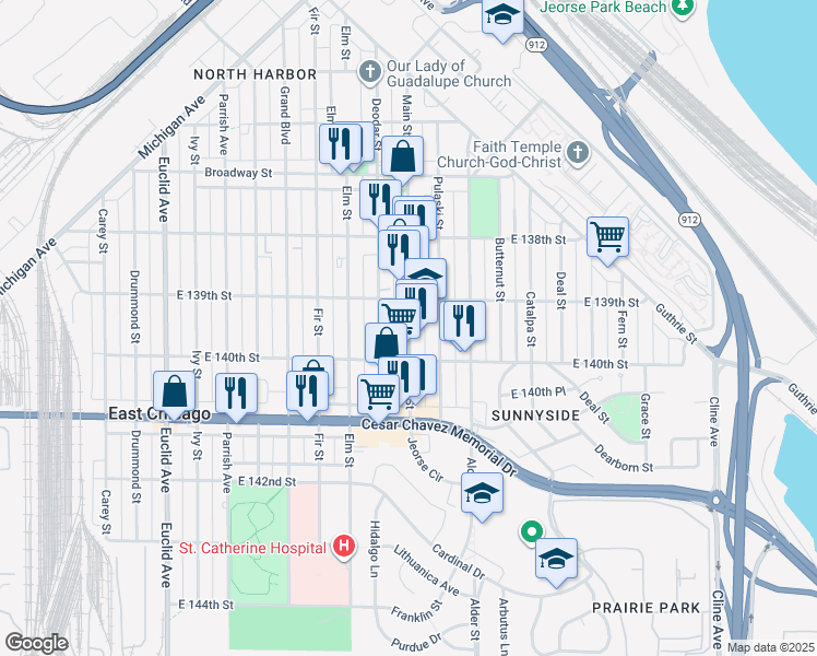map of restaurants, bars, coffee shops, grocery stores, and more near 3927 Deodar Street in East Chicago