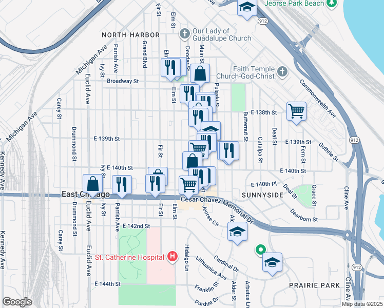 map of restaurants, bars, coffee shops, grocery stores, and more near 3927 Deodar Street in East Chicago