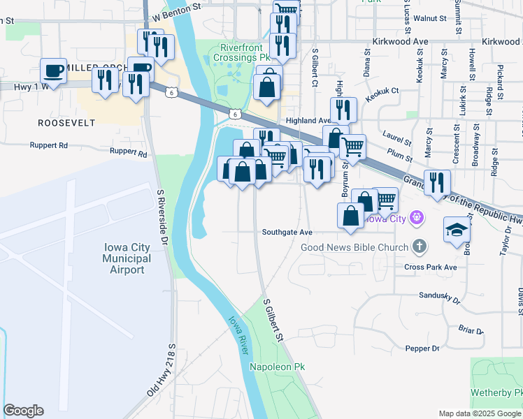 map of restaurants, bars, coffee shops, grocery stores, and more near 1920 South Gilbert Street in Iowa City