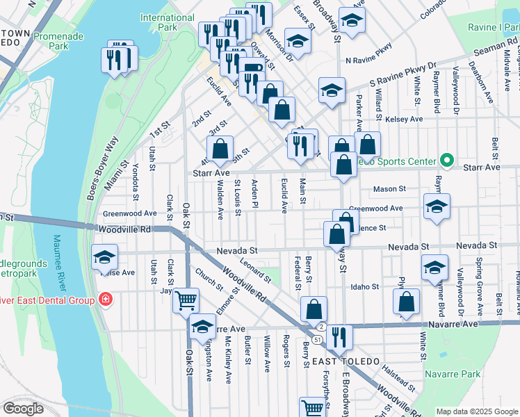 map of restaurants, bars, coffee shops, grocery stores, and more near 548 Greenwood Avenue in Toledo