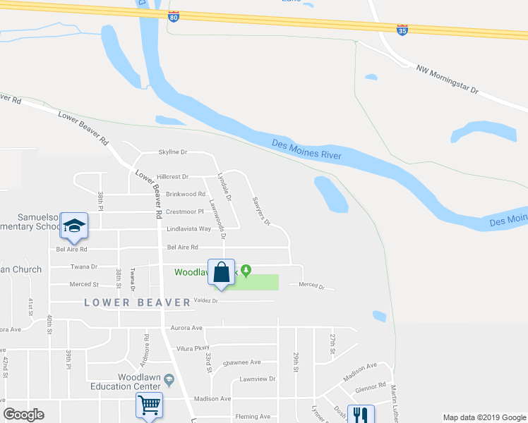 map of restaurants, bars, coffee shops, grocery stores, and more near 4809 Sawyers Drive in Des Moines