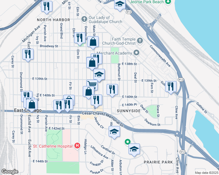 map of restaurants, bars, coffee shops, grocery stores, and more near 3922 Alder Street in East Chicago