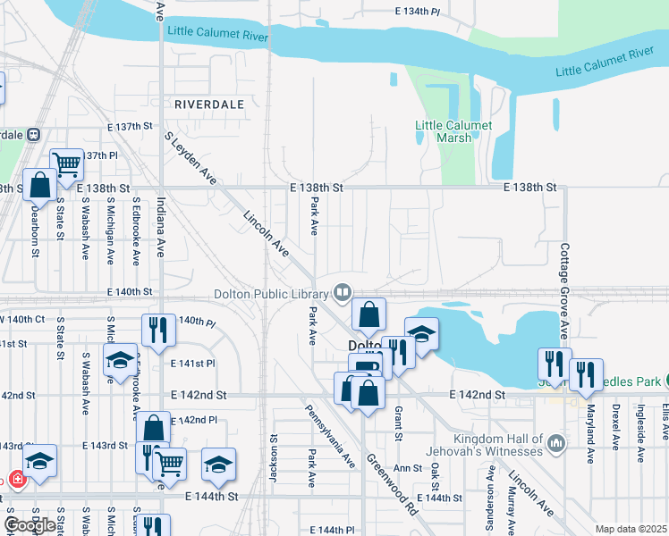 map of restaurants, bars, coffee shops, grocery stores, and more near 13930 Kanawha Avenue in Dolton
