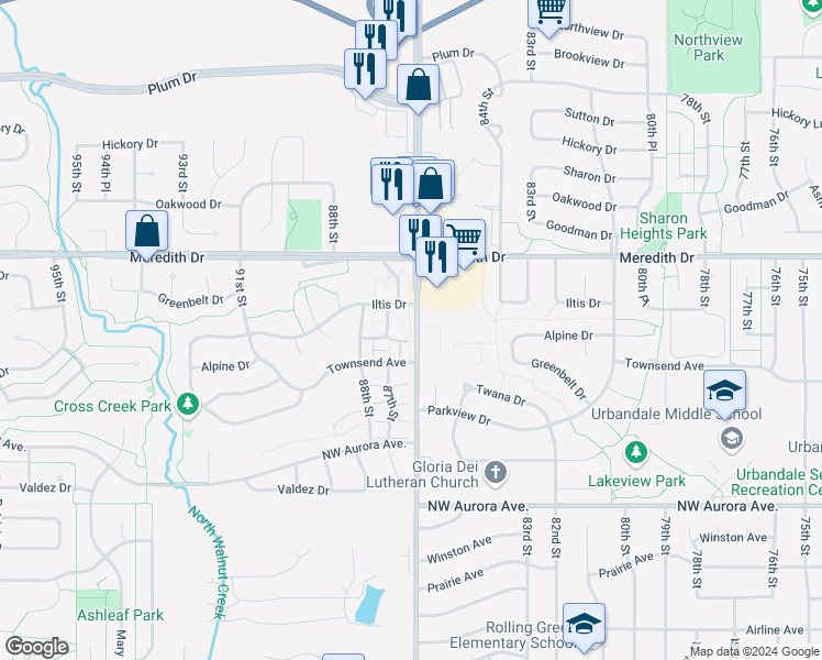 map of restaurants, bars, coffee shops, grocery stores, and more near 8601 86th Street in Urbandale