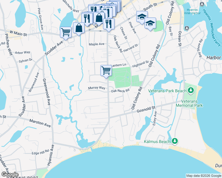 map of restaurants, bars, coffee shops, grocery stores, and more near 323 Oak Neck Road in Barnstable