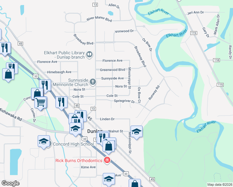 map of restaurants, bars, coffee shops, grocery stores, and more near 23611 Cole St in Elkhart