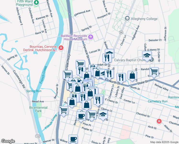 map of restaurants, bars, coffee shops, grocery stores, and more near 798 Market Street in Meadville