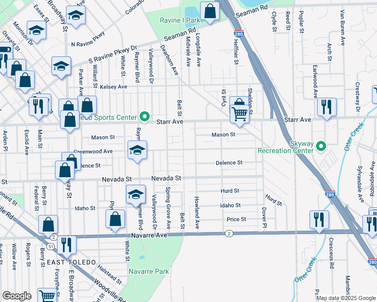 map of restaurants, bars, coffee shops, grocery stores, and more near 511 Howland Avenue in Toledo