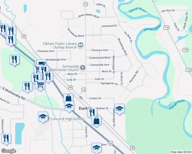 map of restaurants, bars, coffee shops, grocery stores, and more near 23675 Cole Street in Elkhart