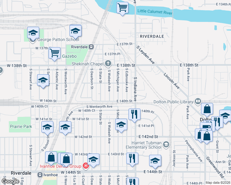 map of restaurants, bars, coffee shops, grocery stores, and more near 13927 South Michigan Avenue in Riverdale