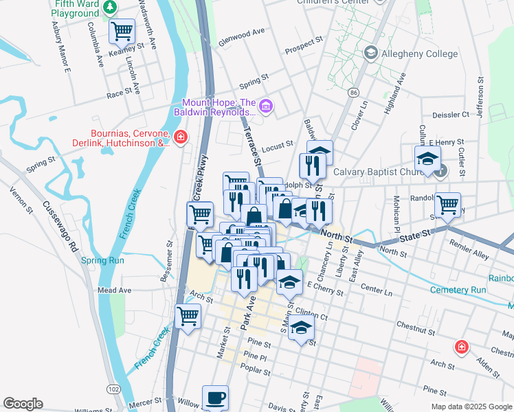map of restaurants, bars, coffee shops, grocery stores, and more near 40299 Market Street in Meadville