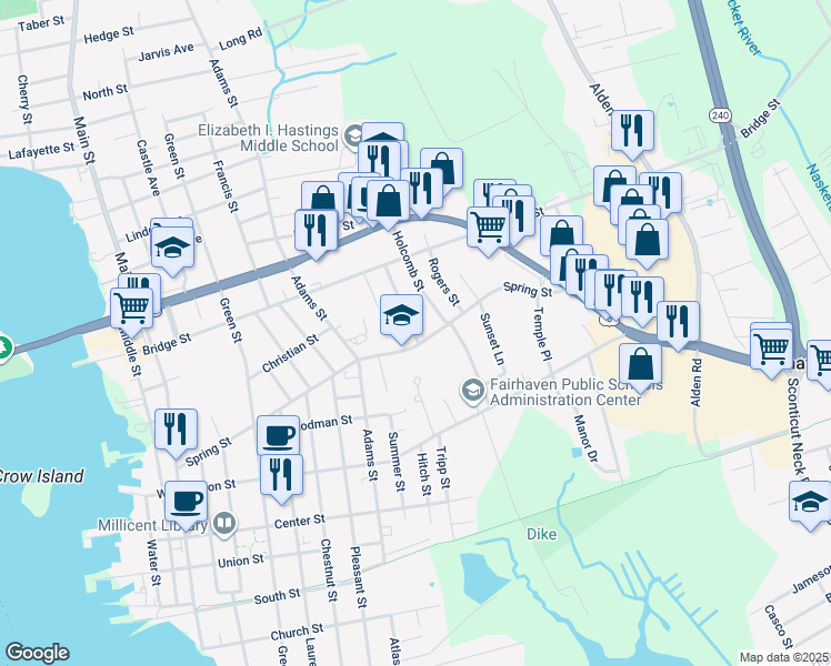map of restaurants, bars, coffee shops, grocery stores, and more near 1 Homestead Avenue in Fairhaven