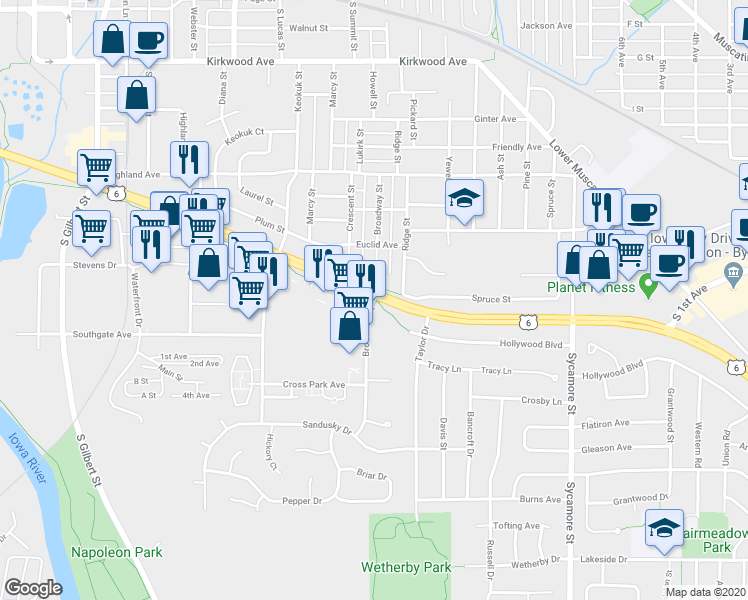 map of restaurants, bars, coffee shops, grocery stores, and more near 1724 Broadway Street in Iowa City