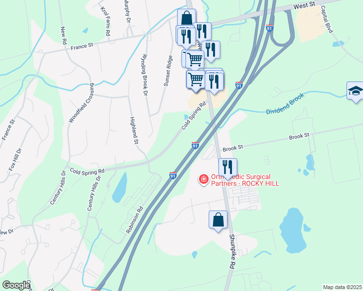 map of restaurants, bars, coffee shops, grocery stores, and more near 50 Cold Spring Road in Rocky Hill