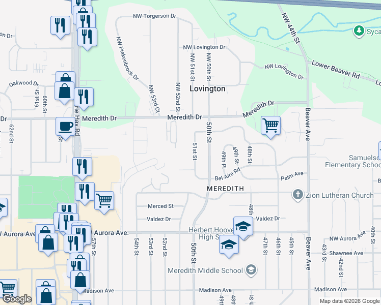 map of restaurants, bars, coffee shops, grocery stores, and more near 4520 51st Street in Des Moines