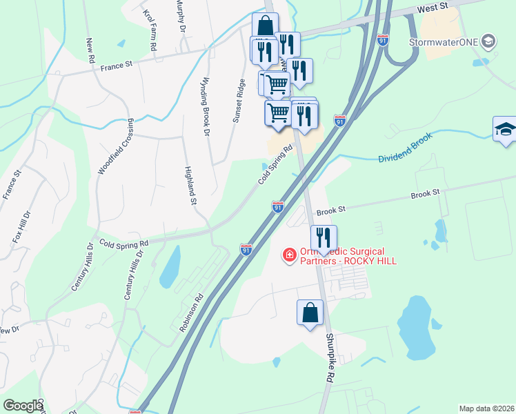 map of restaurants, bars, coffee shops, grocery stores, and more near 50 Cold Spring Road in Rocky Hill
