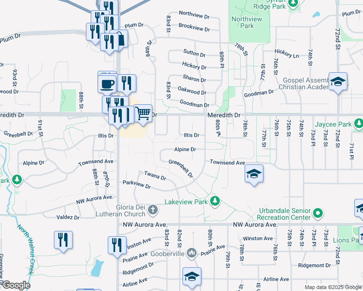 map of restaurants, bars, coffee shops, grocery stores, and more near 8112 Alpine Drive in Urbandale