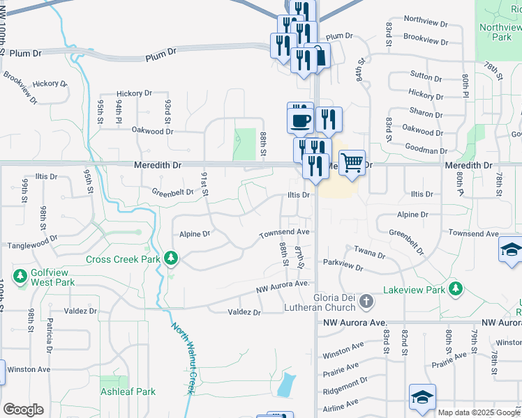 map of restaurants, bars, coffee shops, grocery stores, and more near 4467 89th Street in Urbandale